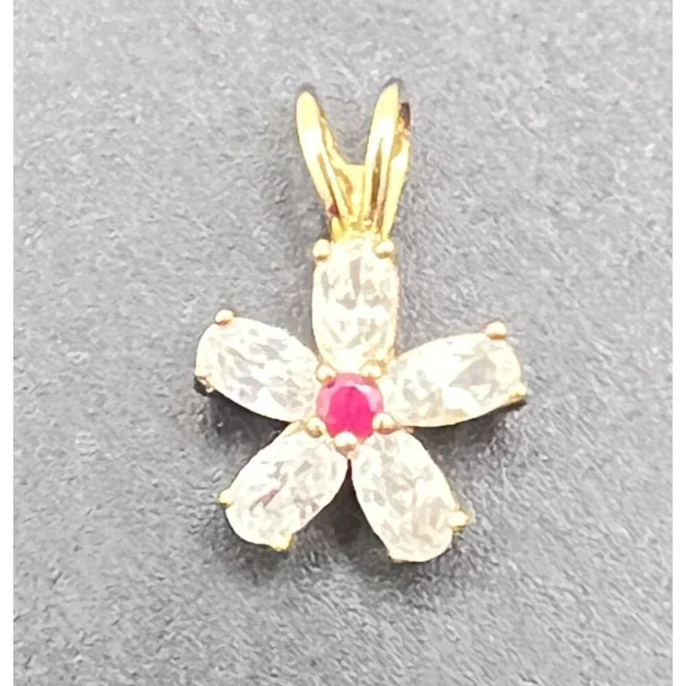 Gold Flower Pendant Necklace Clear CZ Petals Faux Ruby 17" Chain Marked JC & CCI - Picture 2 of 10